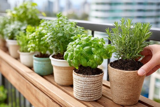 Plantas verdes creciendo en macetas de cer&aacute;mica y tejido colocadas sobre una superficie de madera en un balc&oacute;n urbano.

