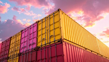 Fototapeta premium Stacked shipping containers with colorful exterior against a vibrant sky at sunset or sunrise for industrial or transport background.