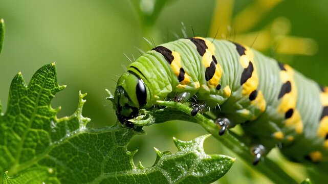 Close-up of a green and yellow striped caterpillar crawling on a serrated leaf.