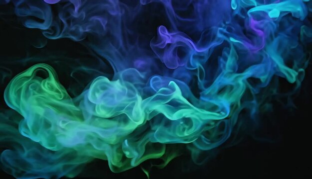 Magical glowing bioluminescent fluids spreading in dark water. Cinematic abstract motion of neon blue, purple and green smoke-like liquids swirling in darkness.