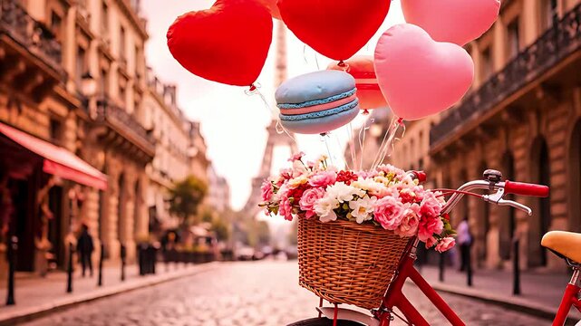 A charming red vintage bicycle adorned with a woven basket overflowing with colorful fresh roses and festive heart-shaped balloons awaits romance on a Parisian street setting.