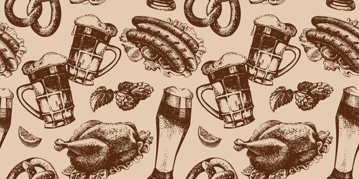 Oktoberfest vintage seamless pattern. Retro sketch beer background. Hand drawn isolated vector illustration