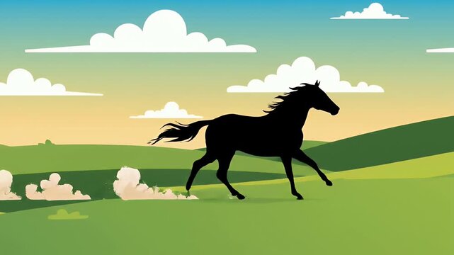 Black horse silhouette running across green hills at sunrise