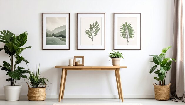 Elegant Interior Design Featuring Wooden Console Table Framed Botanical Prints and Potted Plants for Minimalist Home Decor.