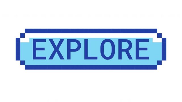 Explore retro pixel button animation. Discovery feature. Browsing functionality. Site exploration. Navigation. Animated 8-bit arcade-style CTA overlay. Classic game-inspired UI call-to-action