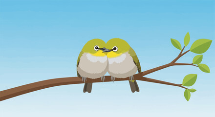 Fototapeta premium Two small birds perched closely on a brown tree branch under a blue sky