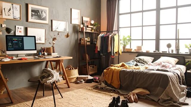 Messy bedroom interior with a desk, bed, clothes rack, and large window, creating a cluttered atmosphere.