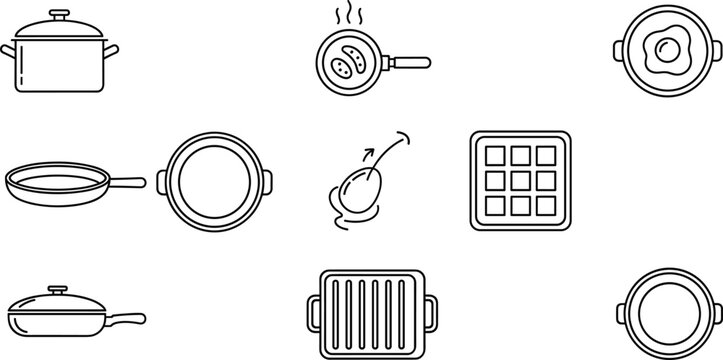 Set of cooking and kitchen cookware outline icons including pots, pans, frying pans, grill, waffle maker, and kitchen utensils, minimal line vector illustrations