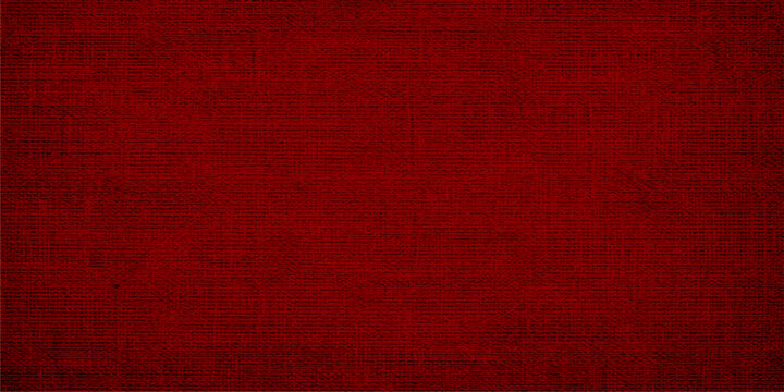 A vintage red grunge canvas background features an aged linen fabric texture with a dark antique paper pattern and distressed textile material for a blank textured wallpaper backdrop
