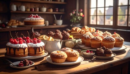 Delicious baked goods on display in a warm kitchen setting with natural light