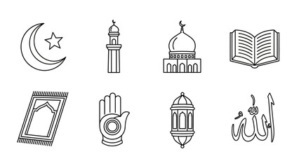 Illustration of Islamic symbols including crescent moon, mosque, and sacred texts in a minimalist style