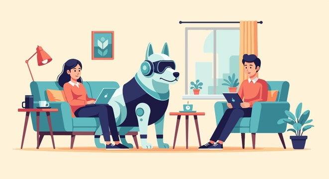 Two people and a robot dog enjoy a cozy indoor scene