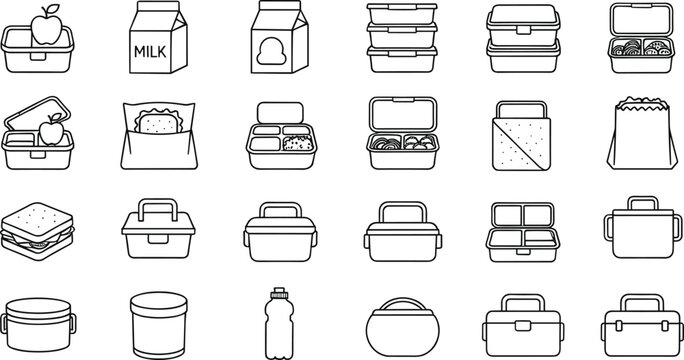 Set of food storage and lunch container outline icons including lunch boxes, meal prep containers, packaging, and reusable kitchen items, minimal line vector illustrations