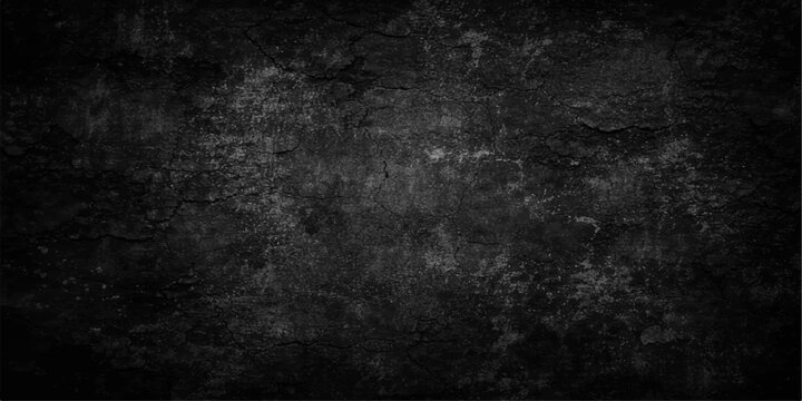 A dark and grungy vintage concrete wall background with a rough aged stone texture and a blank black paper surface for a dirty industrial backdrop