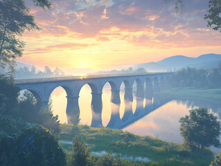 A Picturesque Bridge Stretching Over a Quiet River at Sunrise