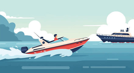 Two boats, one fast and red, the other large and dark blue, race at sea