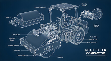 Detailed diagram of a road roller compactor machine with labeled parts on a dark blue background