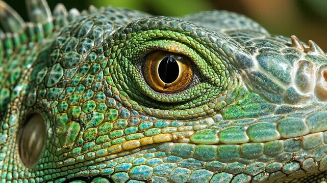 Close-up portrait of a vibrant green lizard showcasing textured scales and a piercing eye.