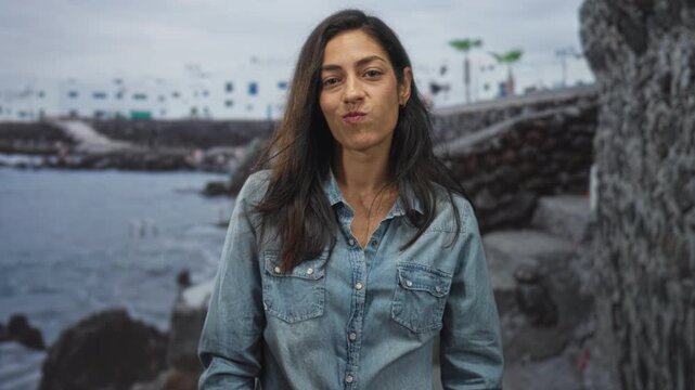 Woman laughing openly, face and smile visible, leaning on stone wall at seaside harbor in denim shirt; joy.