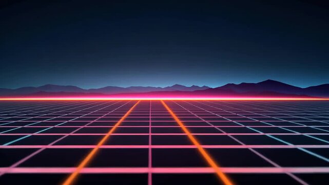 A futuristic grid landscape stretches towards the horizon under a dark sky, neon lights illuminating the grid pattern