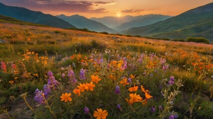Fototapeta premium Wildflower Field Blooming During Sunset at Mountains, Scenic Nature Landscape, Colorful Meadow, Golden Hour Photography, Tranquil Outdoor Beauty
