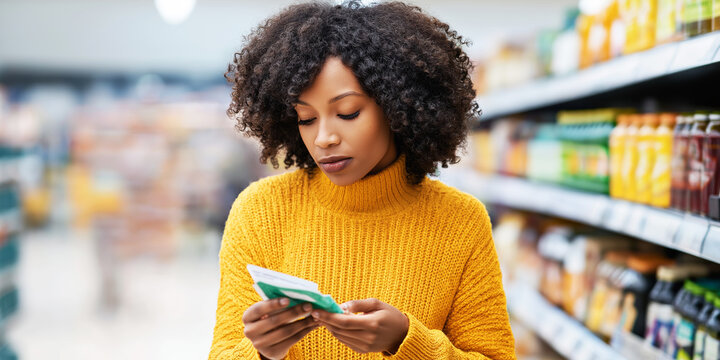 African American woman concentrating on a paper while shopping for groceries, comparing items on shelves