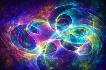 Fototapeta premium Abstract luminous infinity waves with multicolor energy flows in deep cosmic space. Glowing translucent curves and vibrant particles form futuristic digital motion, quantum energy and sci-fi backgroun