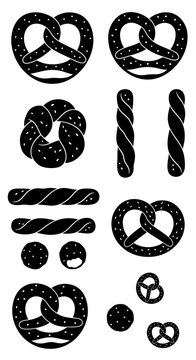 Black and white vector pretzel icons with sesame seeds on white background various shapes