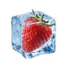 Fresh strawberry encased in a clear ice cube
