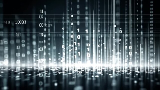 Digital code flows through a futuristic virtual space with glowing binary numbers.