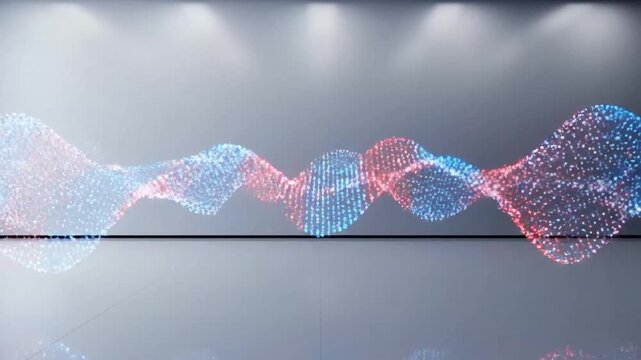 Dynamic abstract wave sculpture of red and blue light points creates a modern art installation with reflective floor perfect for tech data visualization and corporate branding concepts