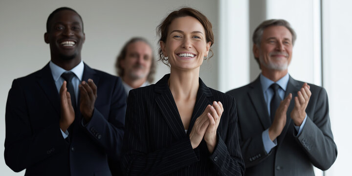 Group of happy businesspeople applauding, expressing support and appreciation for an achievement at a corporate event or team meeting