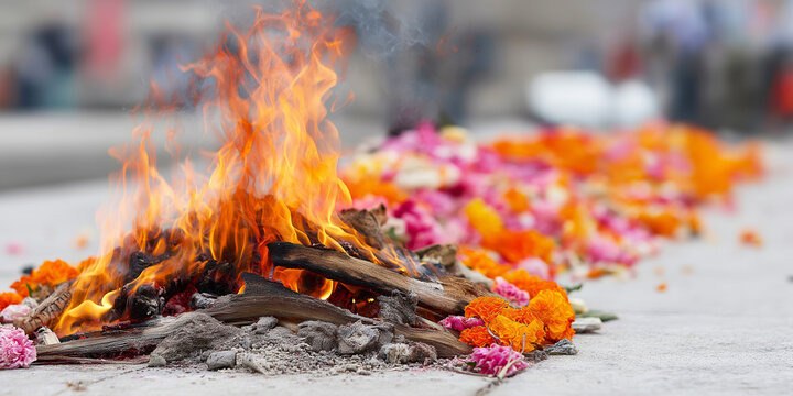 Vibrant fire burning with logs and ashes, adorned with marigold and rose garlands, creating a spiritual atmosphere