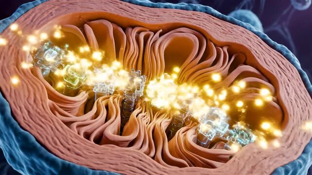 Glowing mitochondria inside cell showing folded cristae producing radiant energy packets through biological machinery in cinematic detail