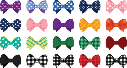 Cute colorful bow tie icon set featuring polka dot, striped, and plaid ribbon bows for fashion accessories, party decor, and kids design projects © Mstferdoshi