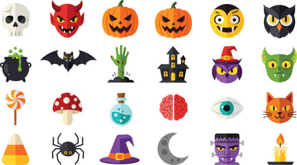 Fototapeta premium Cute Halloween icon set featuring pumpkins, monsters, witches, skulls, bats, candy, and spooky symbols for party invitations, decorations, and seasonal designs