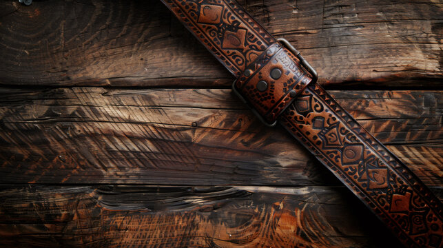 leather tooling art, moody studio shot of artisan leather belt blank with ornate border patterns and tools, against dark wooden background, with premium craftsmanship vibe