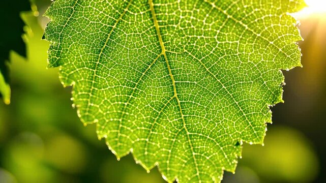 Close up of a vibrant green leaf bathed in sunlight with serrated edges.