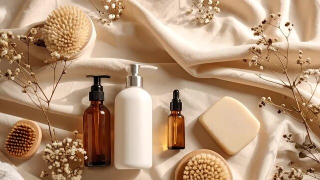Spa essentials arranged on a soft, neutral background, promoting relaxation and wellness.