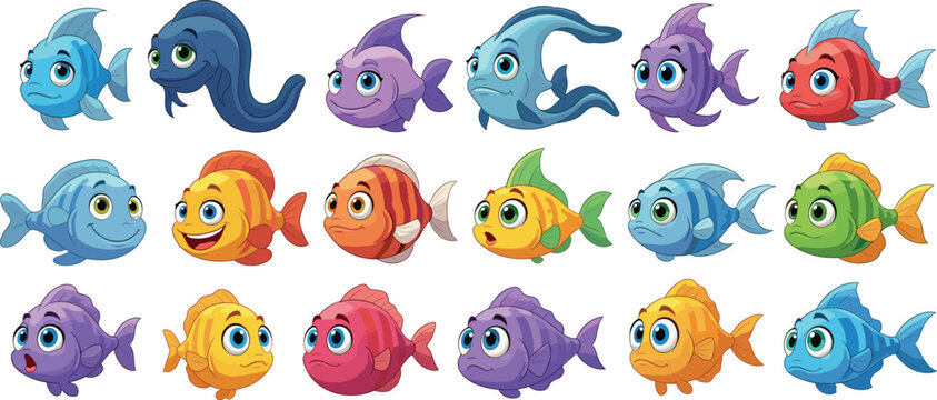 Cute colorful cartoon fish character icon set featuring smiling sea creatures in different shapes and colors for kids games, apps, and underwater design