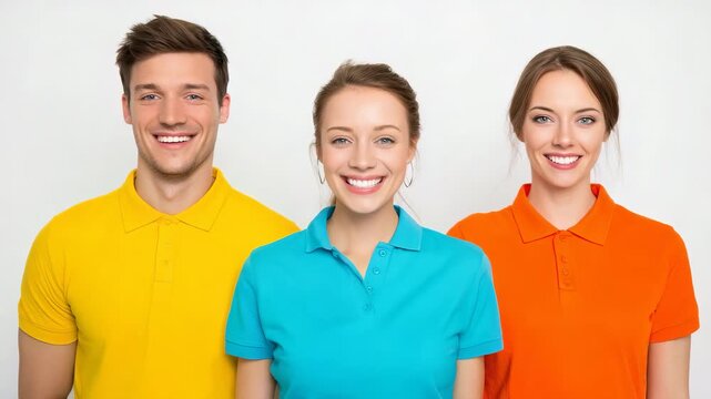 Three happy young adults in colorful polo shirts smiling together, diverse group of friends or coworkers standing side by side against white background, positive teamwork concept.