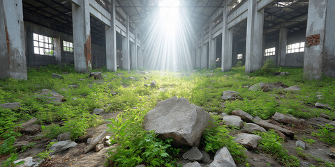 Naklejka premium Abandoned industrial ruin with sun rays breaking through roof, nature reclaiming former factory building floor