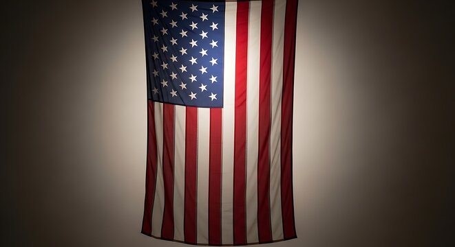 American flag hanging vertically with stars and stripes