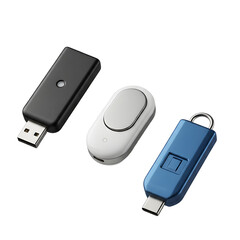 Collection of modern hardware security keys featuring a black USB-A token, a white oval biometric authentication device, and a blue USB-C key for enhanced digital security and data privacy.