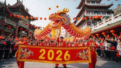 Obraz premium Vibrant Dragon Parade and Lantern Festival Celebrating 2026 Lunar Traditions.