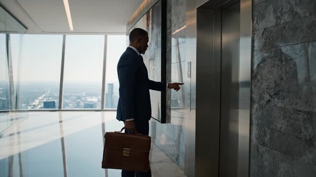 A businessman walks through a modern office, carrying a briefcase, past a meeting and large art