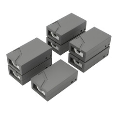 Seven matte gray electronic modules and industrial hardware components neatly arranged in stacks on a white background, highlighting precision hardware design for advanced technical systems.