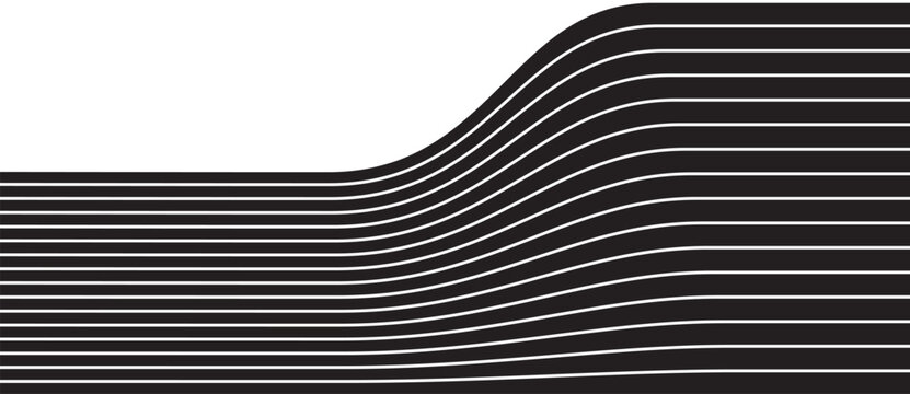 Black parallel lines curve upward creating wave illusion on white background. Abstract flowing pattern with depth, motion, distortion, and perspective. Perfect for branding, tech, UI, modern design.