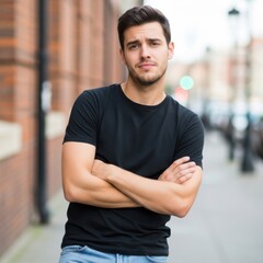 Fototapeta premium Man standing confidently on a city street with arms crossed and a serious expression