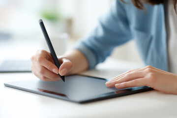 Creative designer working on tablet with stylus, close up hands, minimalist desk, focused atmosphere, digital creativity workflow, modern freelance profession concept technology productivity innovatio
